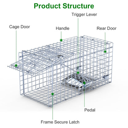 2Pcs 18x8x10In Humane Single Door Live Animal Trap For Spring Summer Collapsible Galvanized Iron Animal Cage Catch And Release For Small Squirrel Raccoon Feral Cat Weasel Armadillo Opossum