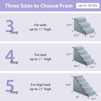 Dog Stairs for Small Dogs, 3-Steps Dog Ramp for Bed and Couch, Pet Stairs with Highly Supportive Foam and Non-Slip Bottom, Dogs Steps for Cat & Doggie (High 15.7 Inch)