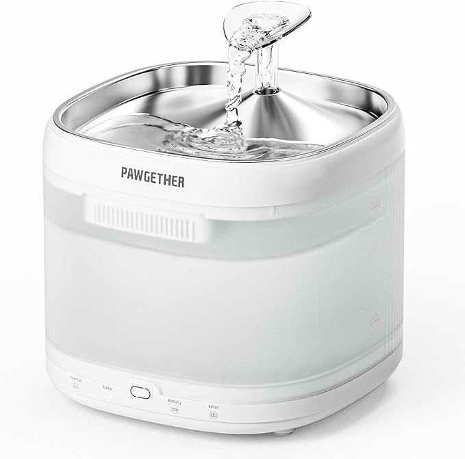 PAWGETHER® Cat Water Fountain, Ultra Quiet Pumpless Pet Water Fountain with Stainless Steel Tray, 67oz/2L Water Fountains for Cats Indoor with 360° Motion Sensor for Cats & Dogs (with Filter)