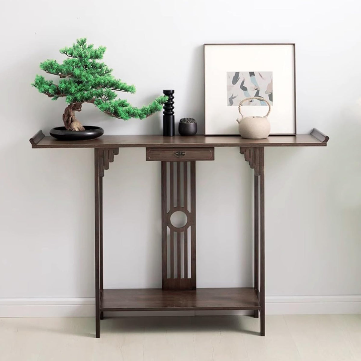 Console Table with Storage Shelves, 2 Tiers L 40.1” Narrow Sofa Table with Drawers, Bamboo Entryway Table for Small Spaces, Living Room Hallway Foyer Corridor Wood Entry Table