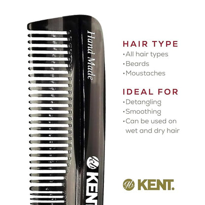 Kent R7T Fine and Wide Tooth Hair Comb, Handmade Pocket Comb for Men, Best Beard and Mustache Comb for Everyday Grooming and Styling, Sawcut, Made in England