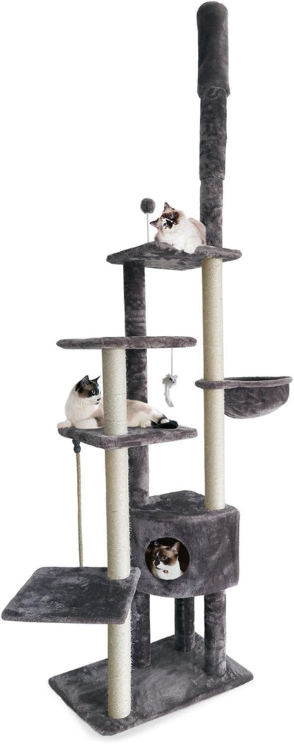 Furhaven 100"-113" Tall Cat Tree for Indoor Cats w/ Adjustable Height, Ft. Sisal Scratching Posts, Condo, & Toys - Tiger Tough Skyscraper Interactive Playground Tower - Gray, One Size