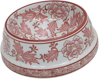 Aimusego Pink & White Ceramic Dog Bowl,Chinoiserie Floral Heavy Duty Non-Slip Dog Food Water Bowls, Ceramic Dish for Medium and Small Dogs and Cats, for Pet Owners,Puppy 9inch