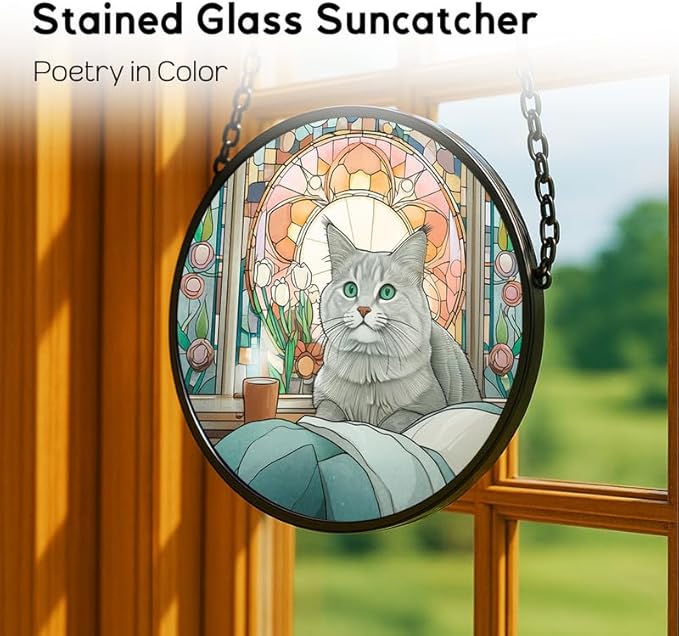 11.8in Stained Glass Window Hanging， Gray Cat Sun Catchers Indoor Window， Core Decor Inside and Outside The Cottage，Gifts for Women -376