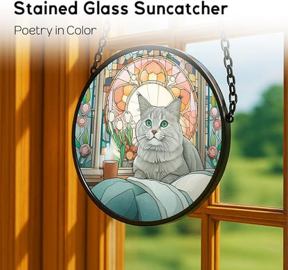 11.8in Stained Glass Window Hanging， Gray Cat Sun Catchers Indoor Window， Core Decor Inside and Outside The Cottage，Gifts for Women -376