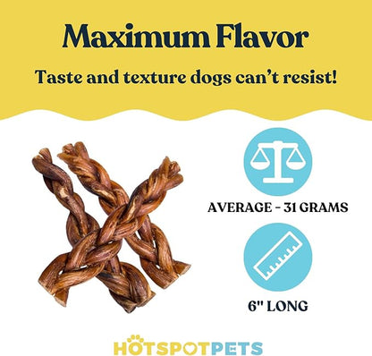 hotspot pets Braided Bully Sticks for Dogs -6 Inch Stix (5 Pack) Premium All Natural Long Lasting Twisted Beef Pizzle Dog Chews -Natural Dental Health, Grain Free, Fully Digestible Rawhide Alternative