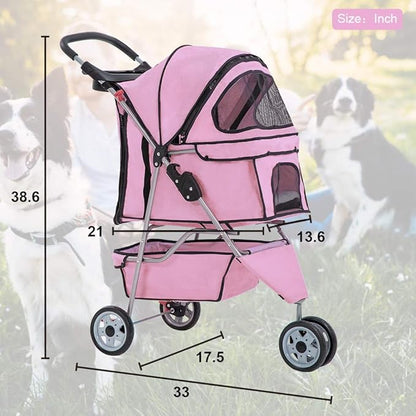 BestPet 3 Wheels Pet Dog Stroller Cat Cage for Medium Small Dogs Cats Travel Folding Carrier Waterproof Puppy Stroller with Cup Holder & Removable Liner,Pink