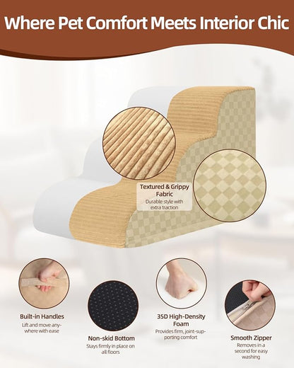 Dog Curved Stairs for High Beds 22" H, 5-Step Pet Stairs for Small Dogs with High Density Foam, Dog Slope Stairs with Durable Non-Slip Bottom Khaki
