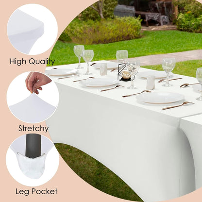 Craft And Party 6 Pack 6ft White Spandex Tablecloth – Fitted Stretch Cover – Universal Fit for Folding Tables – Wrinkle-Free, Washable – Ideal for Parties, Weddings, Events