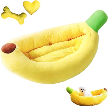 Banana Pet Bed for Small Dogs and Cats, Cozy Enclosed Calming Cave Bed with Removable Plush Cushion for Indoor Kittens Puppies Small Pets (Banana Bed + Bone Toy, X-Large)