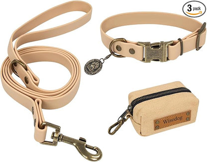 Wisedog Waterproof Dog Collar and Leash Set, XL, Sand Color | Adjustable Puppy Collar, Cute Tag, 6FT Dog Leash, Includes Poop Bag, For Small Medium Large Dogs