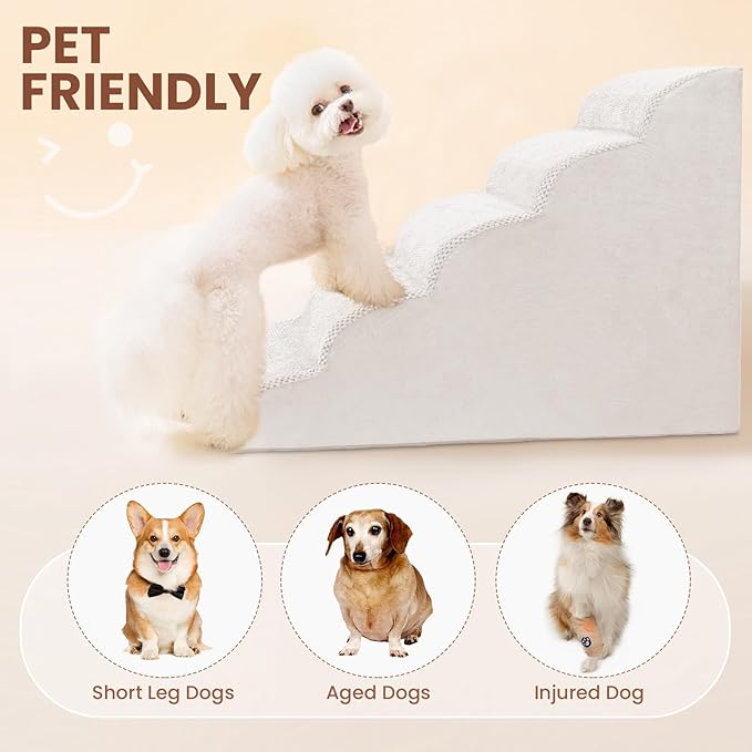 5 Steps Dog Stairs for Bed, 24" Dog Steps for High Bed, High Density Pet Steps for Small Dogs, Extra Wide Non-Slip Dogs Ramp for Injured, Older Pets, Small Cats, White