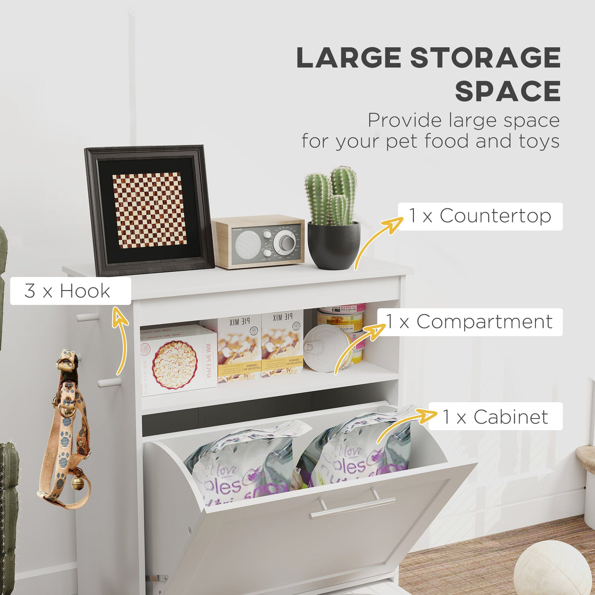 Pet Feeder Station Storage Cabinet, Dog Food Storage Container with Dog Raised Bowls, Watering Supplies, White