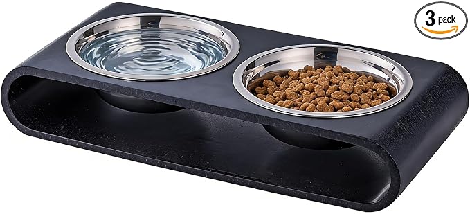 Black Marble Elevated Dog Bowls Set - 2 Thick 6" Stainless Steel Puppy Food Bowl with Non-Slip Raised Holder Stand, Double Feeding Bowls for Food and Water, Suitable for Cats and Small Medium Pet