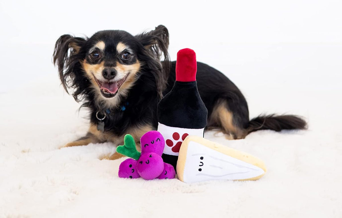 Pearhead Pawrcuterie Board Dog Toys, Set of 3, Wine Cheese & Grape Dog Toys, Charcuterie Board Toy Set for Pets, Must Have Plush Chew Toys for Pet Owners
