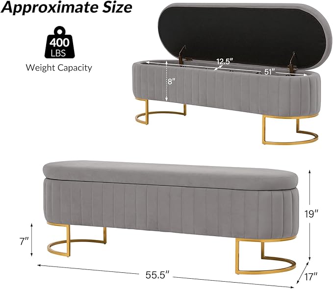 EcoHarbor Living 55.5" Storage Bench Ottoman End of Bed Bench Bedroom Bench, Upholstered Velvet Long Window Bench Large King Size with Gold Legs, Flipping Lid Entryway Footrest (Light Grey)