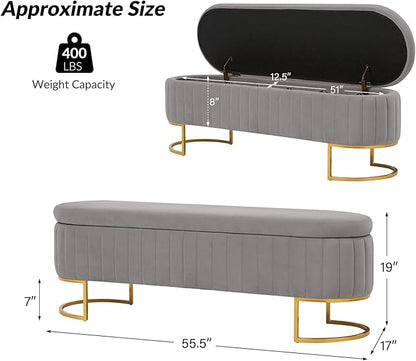 EcoHarbor Living 55.5" Storage Bench Ottoman End of Bed Bench Bedroom Bench, Upholstered Velvet Long Window Bench Large King Size with Gold Legs, Flipping Lid Entryway Footrest (Light Grey)