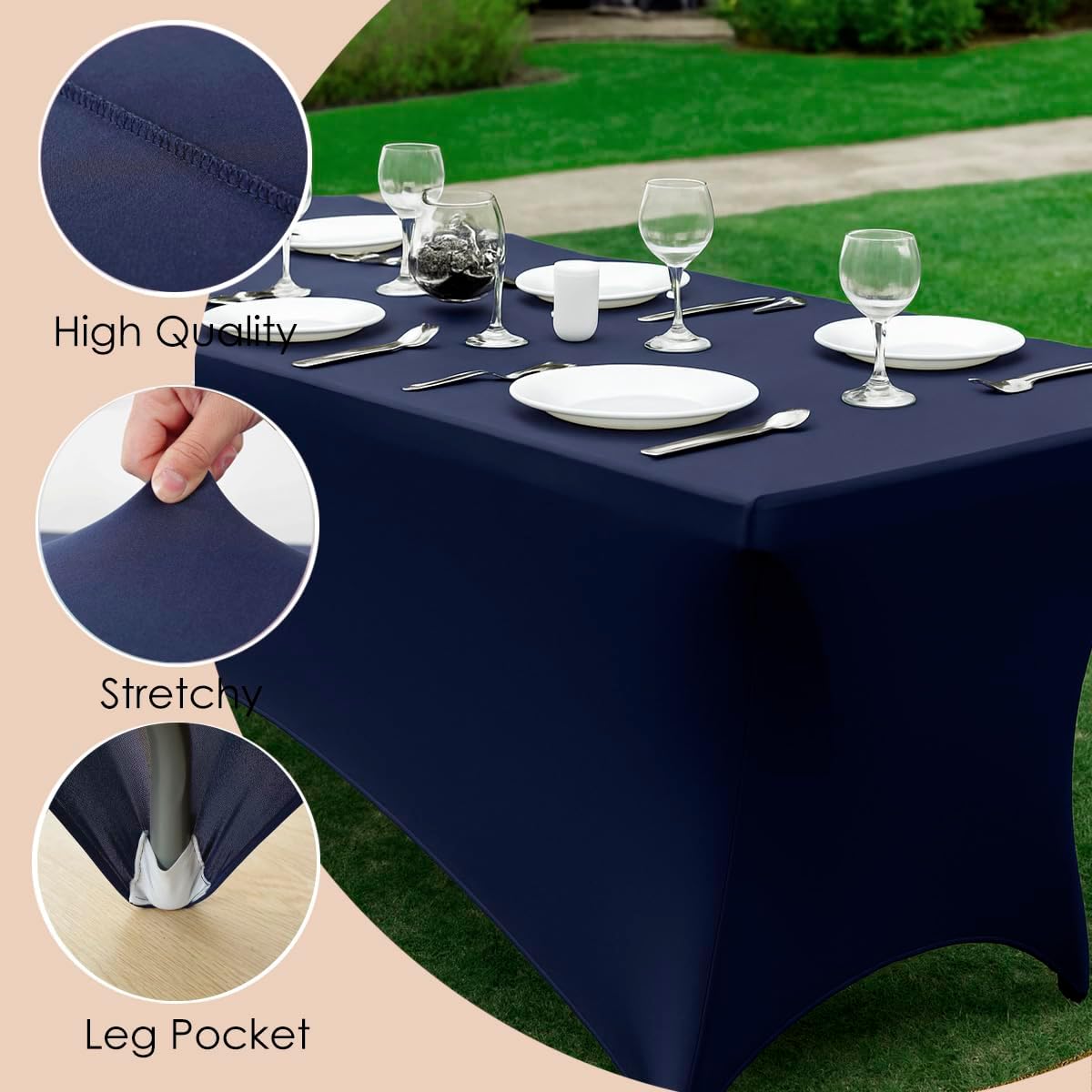 Craft And Party 2 Pack 8ft Navy Blue Spandex Tablecloth – Fitted Stretch Cover – Universal Fit for Folding Tables – Wrinkle-Free, Washable – Ideal for Parties, Weddings, Events