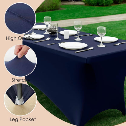 Craft And Party 2 Pack 8ft Navy Blue Spandex Tablecloth – Fitted Stretch Cover – Universal Fit for Folding Tables – Wrinkle-Free, Washable – Ideal for Parties, Weddings, Events
