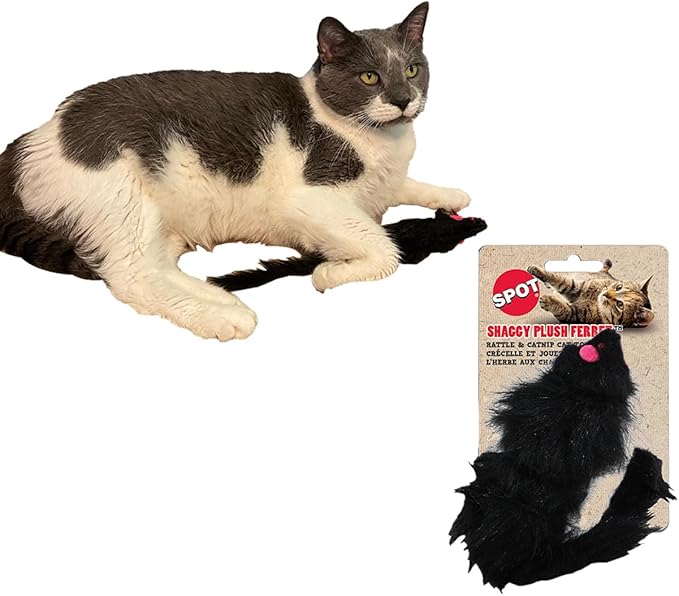 SPOT Shaggy Plush Ferret - Interactive Rattle and Catnip Fuzzy Toy for Indoor Cats and Kittens, Large Size Perfect for Pouncing, Chasing, Hunting, 11 Inches