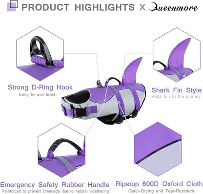 Dog Life Jacket,Dog Life Vest for Swimming,Dog Shark Life Jacket with Rescue Handle,Adjustable Reflective Dog Life Preserver for Small Dog,Purple XS
