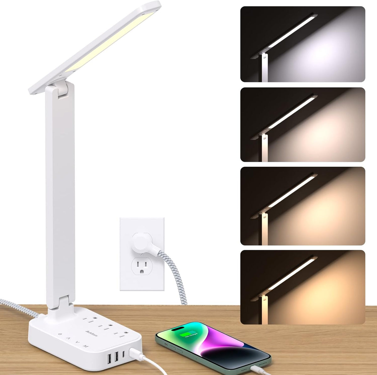Addtam LED Desk Lamp, Power Strip with 3 Outlets 4 USB Charging Ports(2 USBC), 4 Modes 5 Level Brightness Touch Lamp, Small Desk Lamp for Home Office College Dorm Room Essentials, White