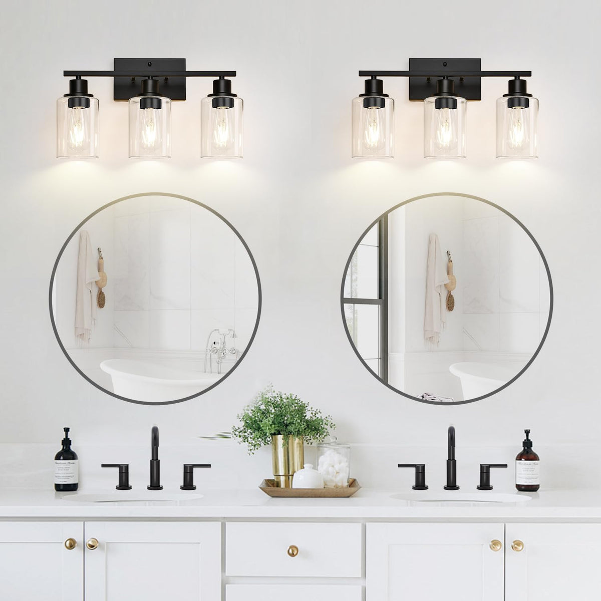 3 Light Bathroom Light Fixtures, Matte Black Modern Vanity Lights with Clear Glass Shade, Bathroom Wall Lamp for Mirror Kitchen Living Room Hallway Cabinet Porch