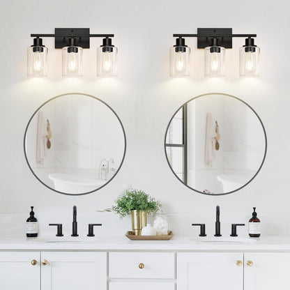 3 Light Bathroom Light Fixtures, Matte Black Modern Vanity Lights with Clear Glass Shade, Bathroom Wall Lamp for Mirror Kitchen Living Room Hallway Cabinet Porch