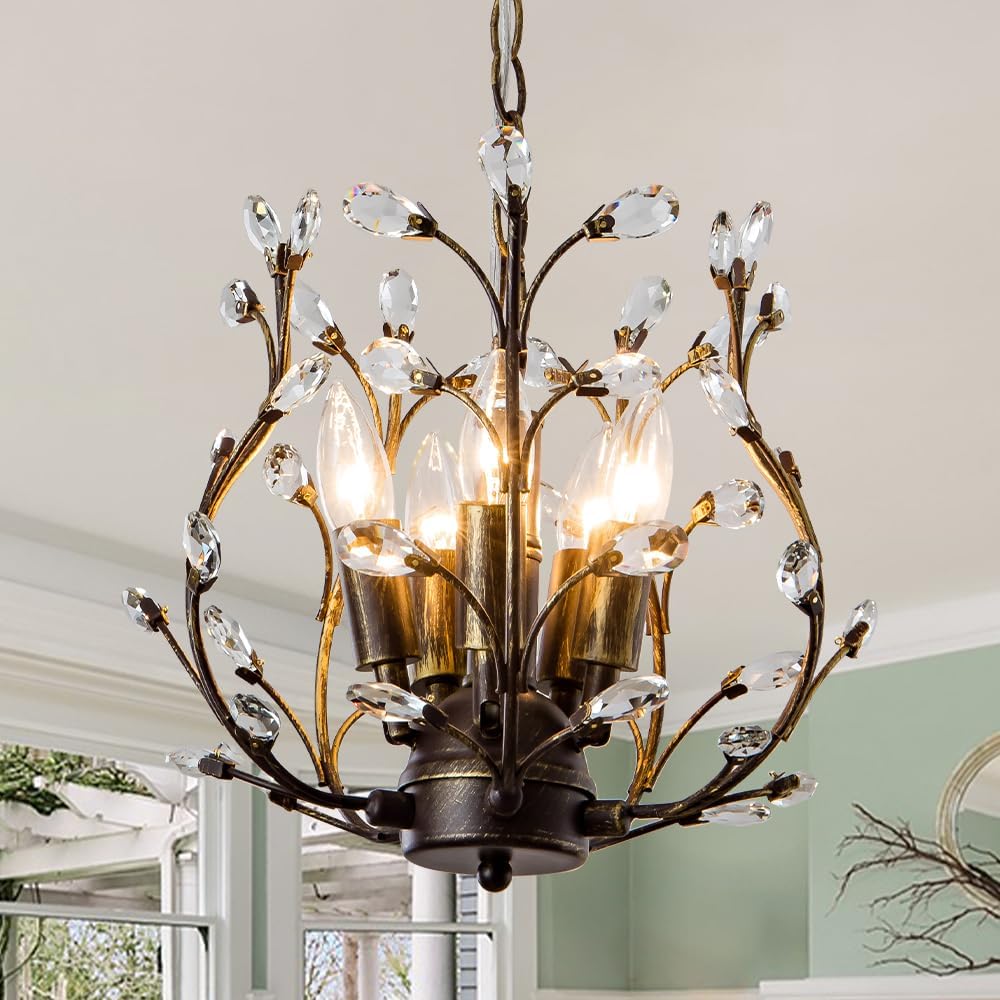 5-Light Vintage Crystal Branch Chandelier Farmhouse Hanging Pendant Light Fixtures for Living Room Dining Room Foyer Kitchen Island Hallway, Aged Bronze