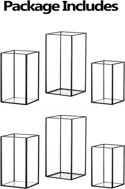 Hewory Glass Hurricane Candle Holder Set of 6, Black Large Hurricane Centerpiece for Table, Tall Floor Square Pillar Candle Holders Lantern Set for Wedding, Anniversary, Party, Fireplace, Dining Room