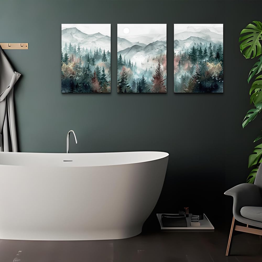 TTHYUEWS Farmhouse Wall Art For Bedroom Wall Decor For Living Room Wall Pictures for Office Fog Forest Mountain Landscape Watercolour Painting Artwork Modern Home Decorations Ready To Hang 3 Piece