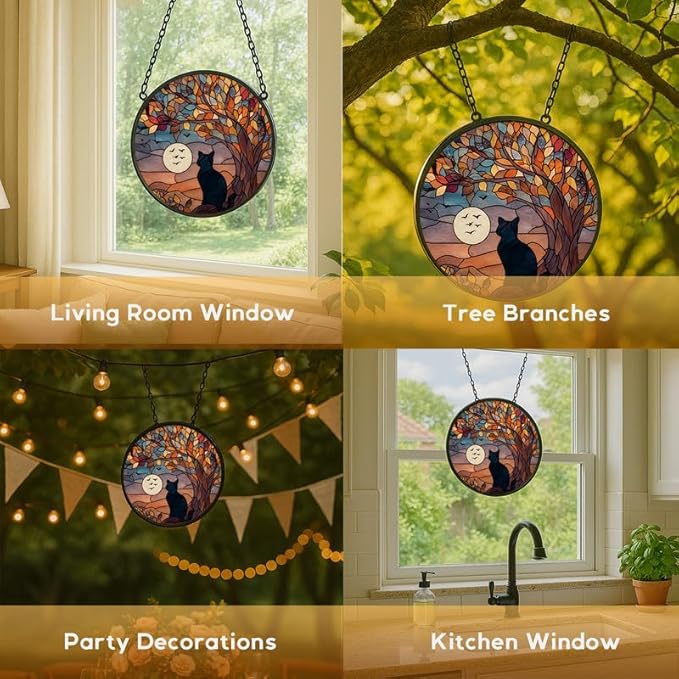 Stained Glass Window Hanging， Black Cat 11.8in Sun Catchers Indoor Window， Core Decor Inside and Outside The Cottage， Gothic Home Decor Gifts for Women， Cute Cat Lover Decor