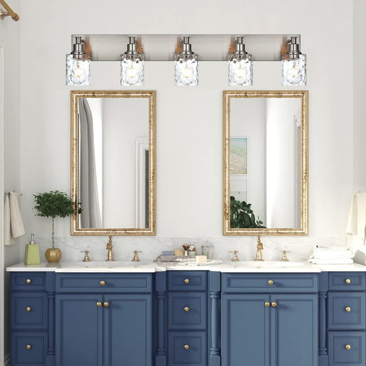BONLICHT 5 Lights Sconces Wall Lighting Brushed Nickel with Hammered Glass Shade, Industrial Bathroom Light Fixtures Vanity Lights Porch Light Fixtures Classic Metal Wall Mount Lamp Over Mirror