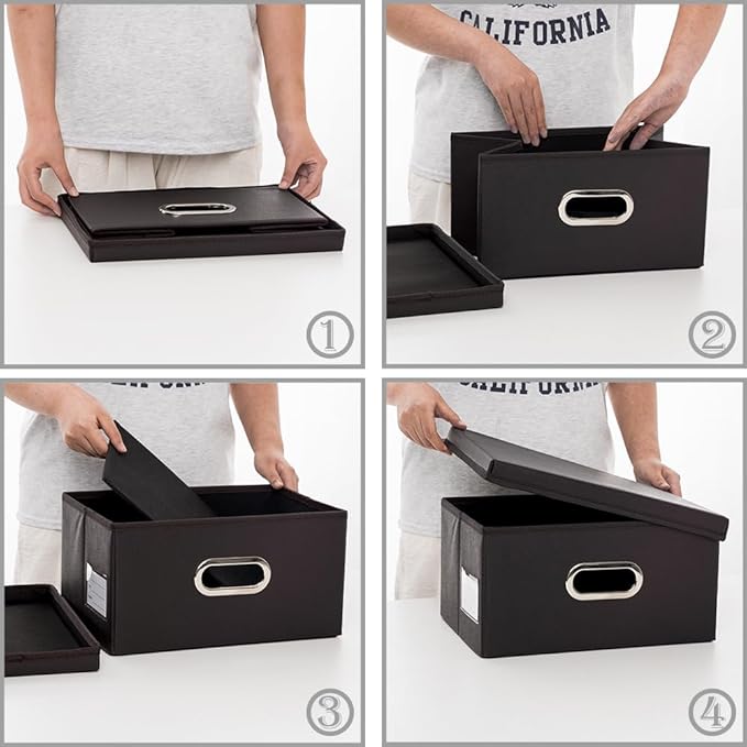 PRANDOM Collapsible Storage Box with Lid [3-Pack] Leather Fabric Foldable Storage Bin Organizer Container Basket Cube with Cover for Home Bedroom Closet Office Nursery Black(13.6x9.6x6.9)
