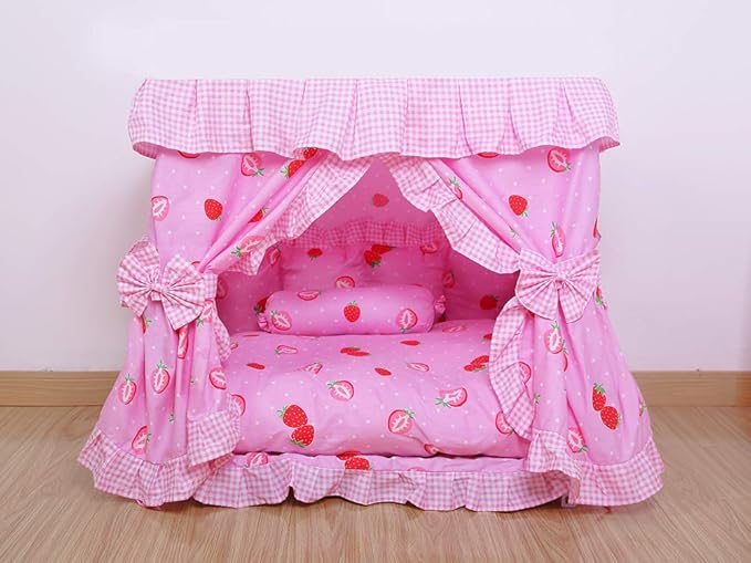 Princess Pink Strawberry Pet Dog Cat Handmade Bed House+1 Candy Pillow Canopy (M)