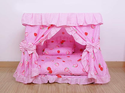 Princess Pink Strawberry Pet Dog Cat Handmade Bed House+1 Candy Pillow Canopy (M)