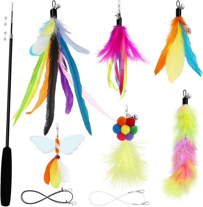 SONGWAY Cat Wand Toys for Indoor Cats - Cat Toy Set with Retractable Teaser Wand and 6 PCS Colorful Large Feather Toy Refills, Butterfly Tassel Plush Cute Cat Toys Interactive
