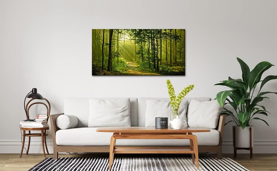 Green Morning Sunlight Forest Scenery Canvas Wall Art for Bedroom Home,Beautiful Silent Summer Woods Picture Print Artwork Painting Decor,Mordern Realism Rustic Wilderness Landscape,Inner Frame 24x48