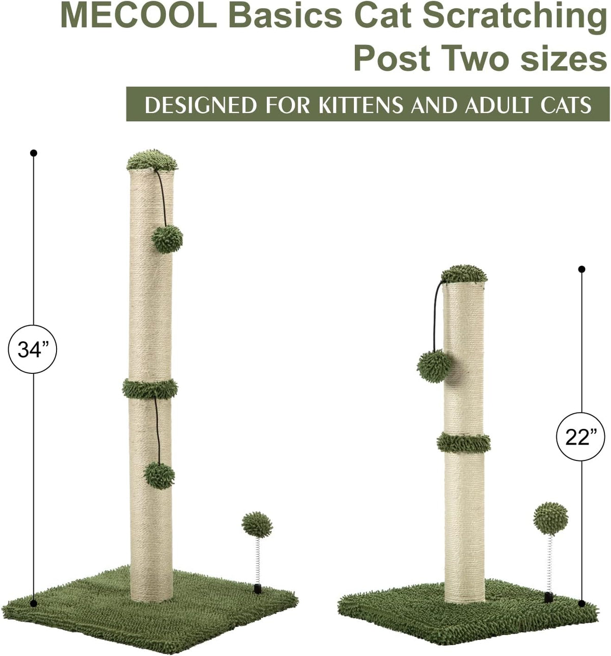 MECOOL Cat Scratching Post Premium Basics Kitten Scratcher Sisal Scratch Posts with Hanging Ball 22in for Kittens or Smaller Cats, Cactus Green