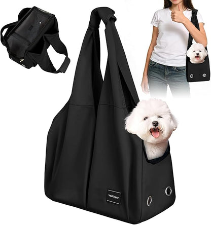 Dog Purse Carrier, Small Dog Cat Puppy Outdoor Portable Bag, Foldable Breathable 3‑Speed Zipper Access Pet Travel Bag with Large-Capacity Pockets, 15 lbs Capacity,Black