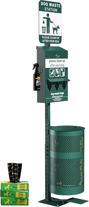 Pet Waste Station with Pedal - Includes 600 Roll Bags & 50 Can Liners - Glow in the Dark Dog Waste Station with Dog Poop Sign, Bag Dispenser, Hand Sanitizer Bottle & Outdoor Trash Can with Lid