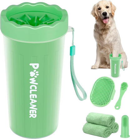 Professional 7 in 1 Dog Paw Cleaner for Dogs - Includes 1 Portable Paw Washer, 1 Bath Brush, 2 Dog Toothbrushes and 3 Absorbent Towels Note: Fits Paws 2.5 to 3.5 Inches Wide (Large, Light Green)