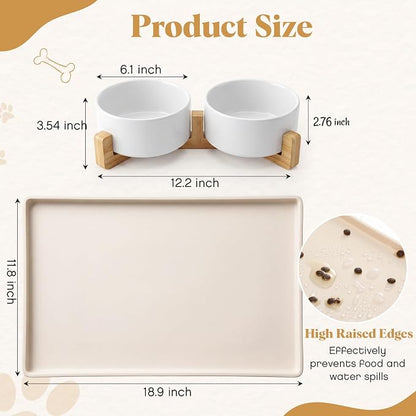 Ceramic Dog Bowl Food Water Bowl Set for Medium Dog with Wood Stand Waterproof Raised Edge Non-Slip Mat 3.6 Cups Glaze Weighted Feeding Dishes for Cat