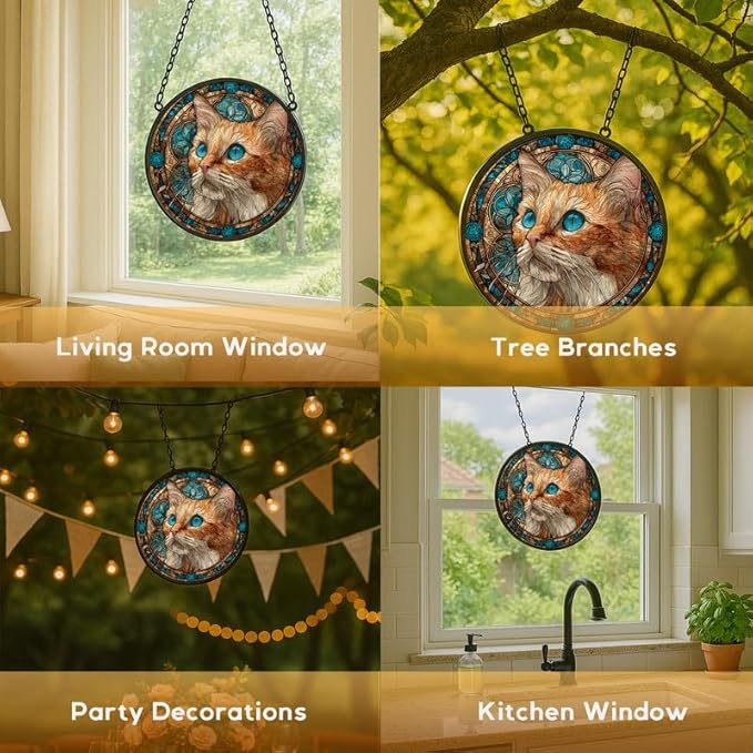Stained Glass Window Hanging， Cat Face 7.8in Sun Catchers Indoor Window， Core Decor Inside and Outside The Cottage， Cat Lover Decor， Decorative Gifts for Women