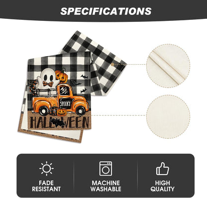 Artoid Mode Buffalo Plaid Bat Pumpkin Ghost Truck Spooky Halloween Table Runner, Sensonal Kitchen Dining Table Decoration for Home Party Decor 13x108 Inch