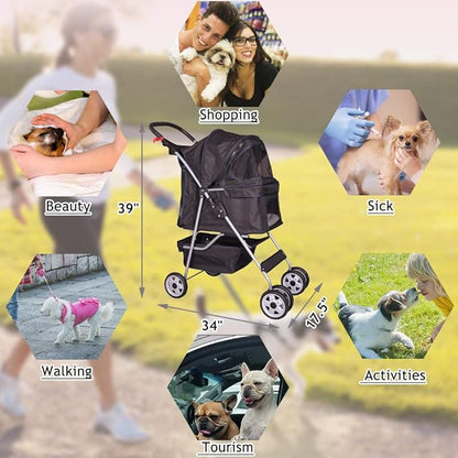 4 Wheel Pet Stroller Cat Dog Cage Stroller Travel Folding Carrier with Cup Holder and Removable Lining for Small and Medium Dogs, Cats (Black)