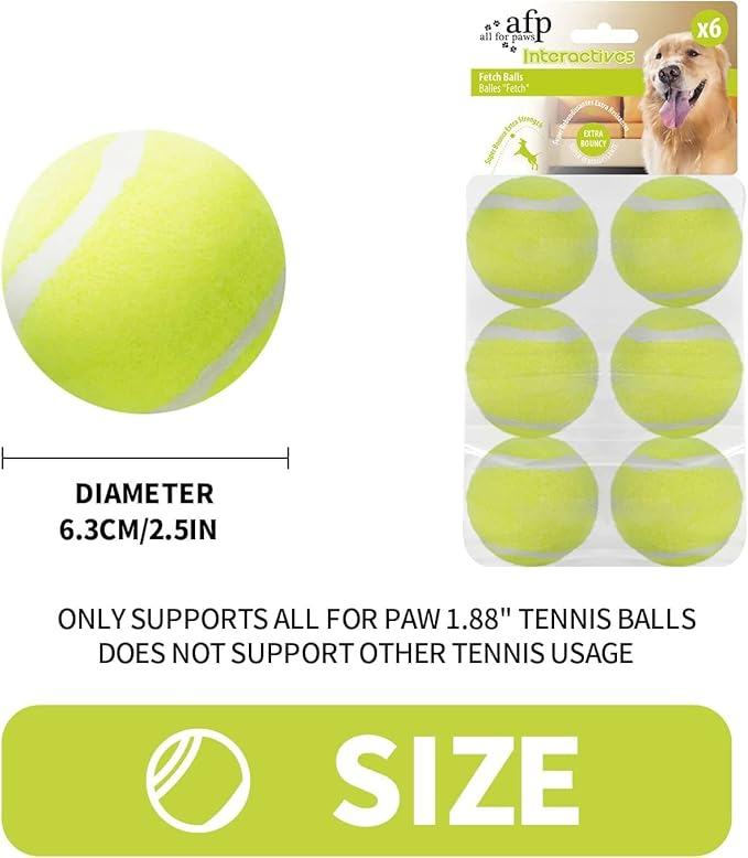 ALL FOR PAWS 2.5-inch Tennis Balls for Dogs, Fetch Toys for Medium Large Dogs, Bouncy & Durable Tennis Balls for Ball Launcher Toy, 6 Pack Fetch Toy for Outdoor Play