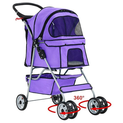 HHS Dog Strollers for Small Puppy Pet Stroller Dogs Cat 2, 4 Wheel Folding Travel Jogger Strolling Cart with Storage Basket, Cup Holder, Removable Liner, Purple, 17.5 (L) x 33 (W) x 38.6 (H) inches