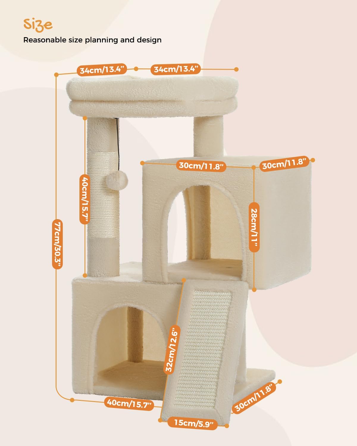 PAWZ Road Cat Tree, 30 Inches Cat Tower with Dual Condos for Indoor Cats, Plush Cat House with Padded Perch, Scratching Ramp and Posts and Replaceable Balls-Beige