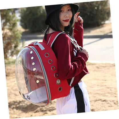 Portable Pet Backpack for Birds Breathable Capsule Carrier Ventilation and Inner Wooden Bar for Outdoor Travel Red Transparent Parrot Bag
